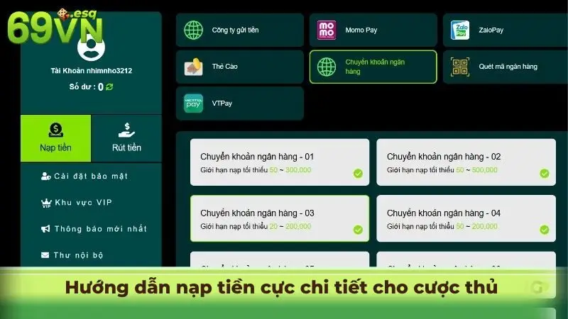 Hướng dẫn nạp tiền cực chi tiết cho cược thủ